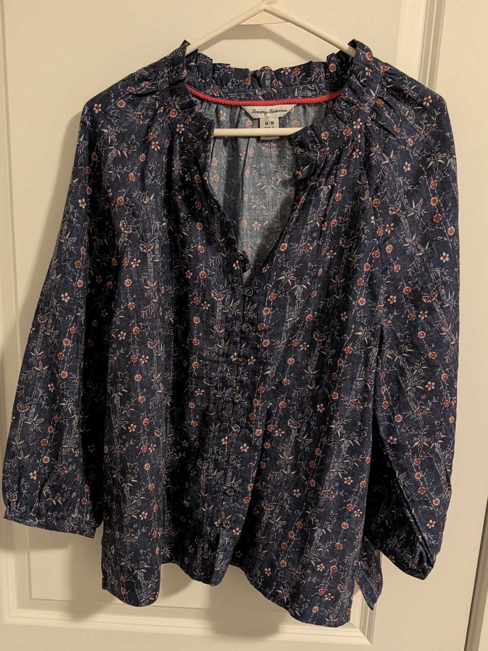 Tommy Bahama Navy Floral Peasant Blouse with Pink Accents